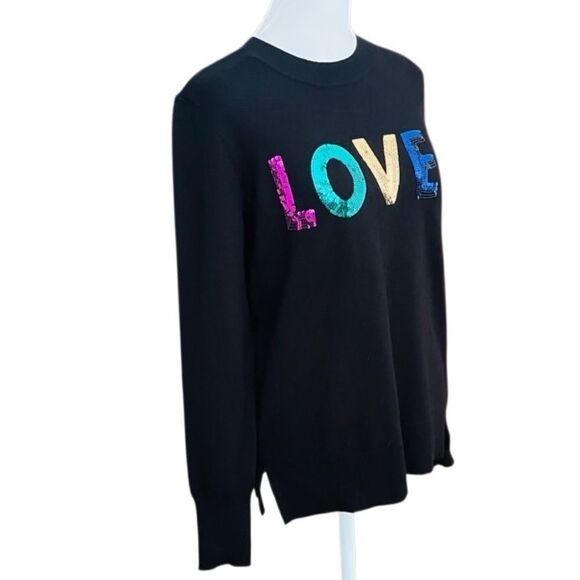 Marled Black Crew Sweater with Multicolor Sequin LOVE Design size Small. - Picture 5 of 7